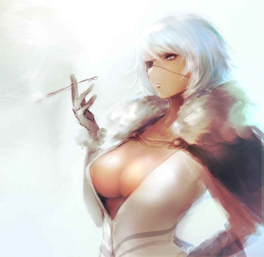 1girl blue_eyes breasts cape closed_mouth commentary_request copyright_request eyepatch gloves hand_on_hip highres hometa large_breasts one_eye_covered parted_lips pipe short_hair sketch solo upper_body white_hair