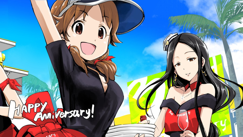 2girls :d anniversary apron armband bangs black_hair black_shirt blue_sky breasts brown_eyes brown_hair collared_shirt commentary cup day detached_collar dot_nose drinking_glass earrings eyebrows_visible_through_hair han_nigo hat highres hiiragi_shino idolmaster idolmaster_cinderella_girls idolmaster_cinderella_girls_starlight_stage jewelry katagiri_sanae large_breasts light_smile long_hair looking_at_viewer low_twintails medium_hair mini_hat multiple_girls necklace open_mouth out_of_frame outdoors palm_tree part_time_job plate plate_stack sailor_hat shirt short_sleeves sky smile takagaki_kaede tilted_headwear tree twintails unbuttoned unbuttoned_shirt very_long_hair visor_cap wine_glass