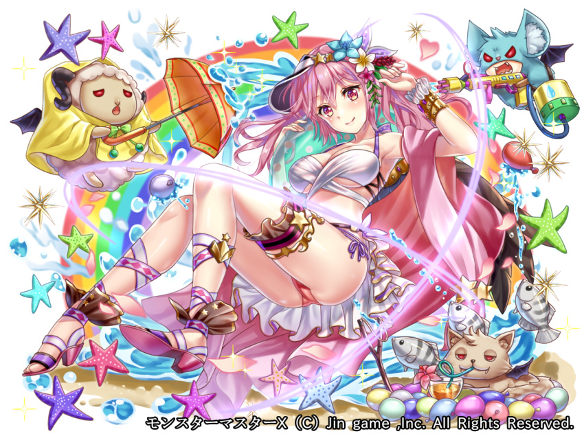 1girl animal_ear_fluff animal_ears bikini blue_flower breasts copyright_name egg fantasy fish flower hair_flower hair_ornament hakuda_tofu heart imp official_art original pink_hair rainbow star swimsuit twintails umbrella white_bikini