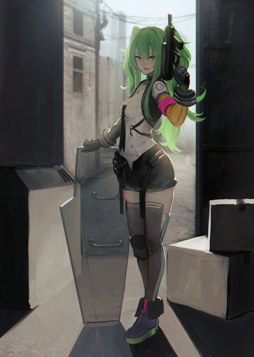 1girl :d armband box building full_body girls_frontline gloves green_hair hayabusa highres indors long_hair m950a_(girls_frontline) necktie open_mouth power_lines shield shorts smile solo suspenders thigh-highs twintails yellow_eyes