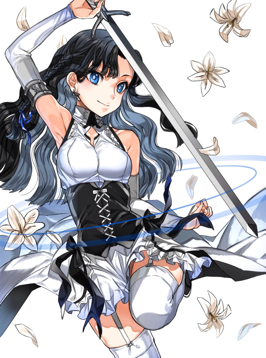 1girl armpits bare_shoulders black_footwear black_hair blue_eyes braid breasts bright_pupils closed_mouth commentary_request detached_sleeves flower garter_straps hand_up highres holding holding_sword holding_weapon long_hair looking_at_viewer maruchi medium_breasts original skirt smile solo standing standing_on_one_leg sword thigh-highs underbust weapon white_background white_flower white_legwear white_skirt