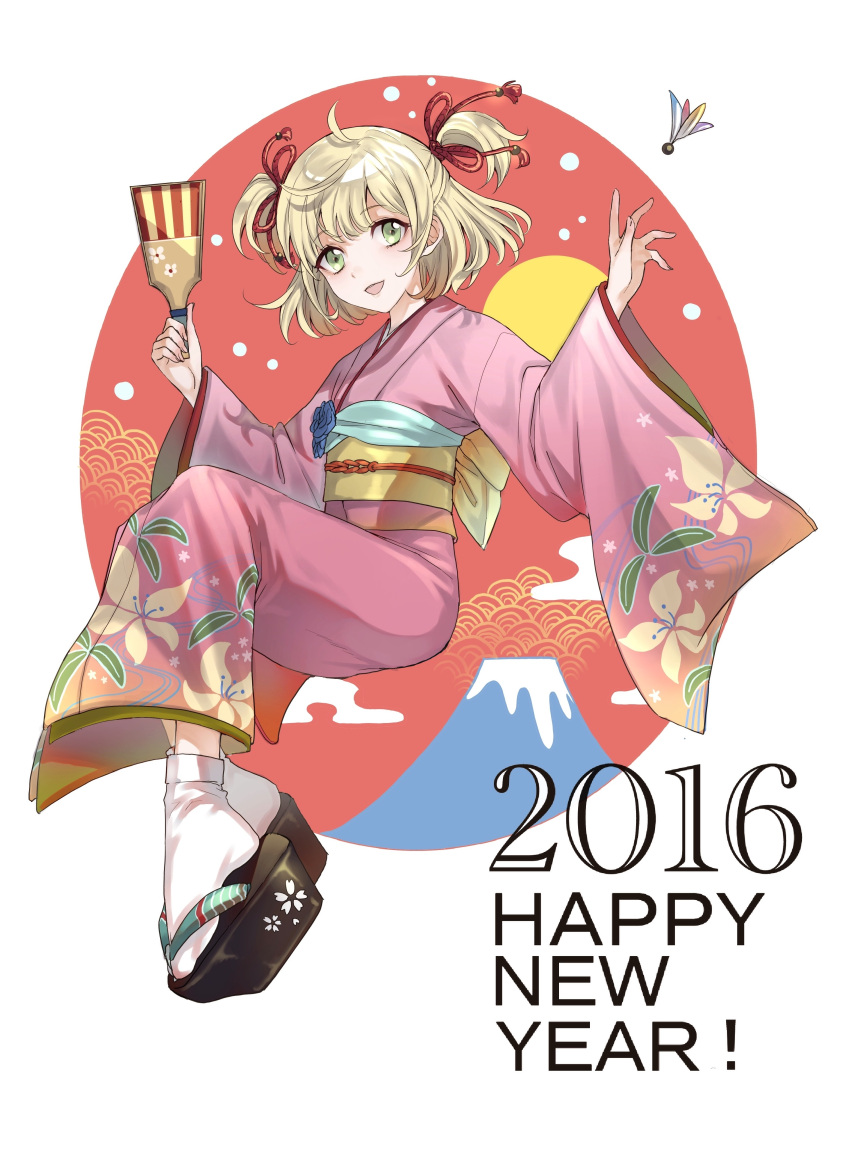 1girl 2016 :d absurdres blonde_hair commentary_request english floral_print from_side full_body green_eyes hagoita hair_ribbon hands_up hanetsuki happy_new_year highres holding japanese_clothes kimono long_sleeves looking_at_viewer looking_to_the_side maruchi new_year obi open_mouth original paddle pink_kimono red_ribbon ribbon sandals sash smile solo tabi two_side_up white_legwear wide_sleeves