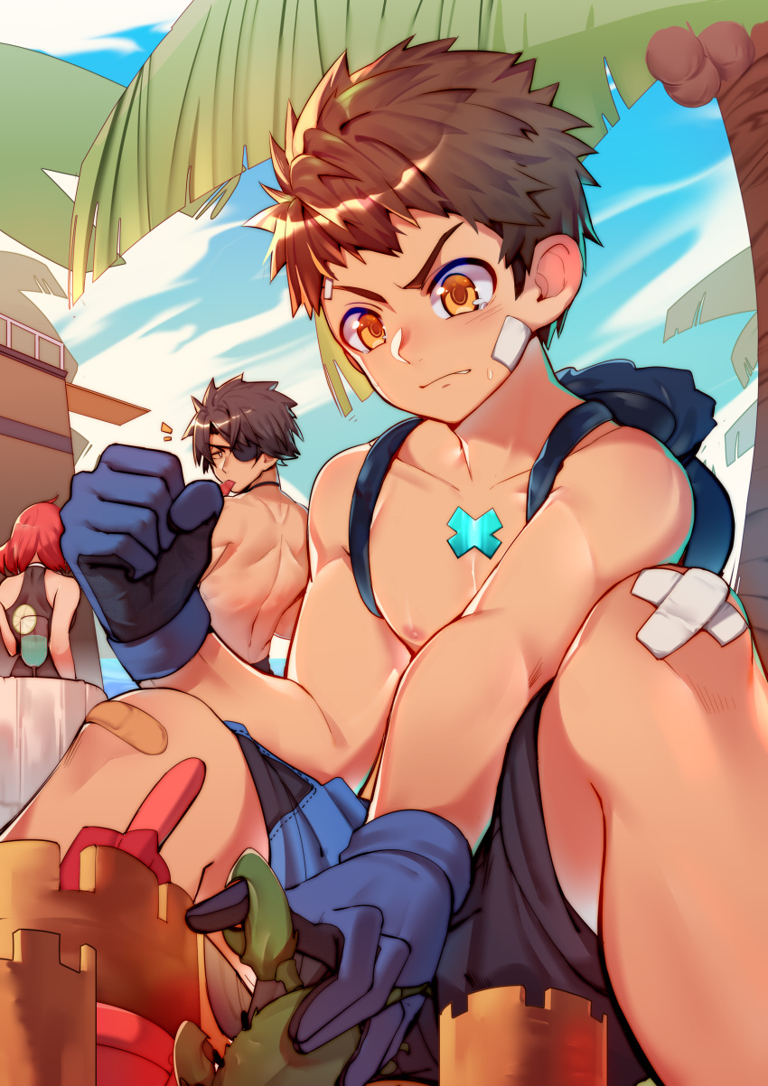 1girl 2boys absurdres black_swimsuit blue_gloves blue_sky brown_hair clenched_hand closed_mouth clouds crab day drink eyepatch food from_behind glass gloves highres pyra_(xenoblade) looking_at_another male_swimwear multiple_boys nintendo nipples one-piece_swimsuit outdoors palm_tree popsicle redhead rex_(xenoblade_2) sand_castle sand_sculpture short_hair sitting sky sora_(zwz030) swimsuit swimwear tears tree watermelon_bar xenoblade_(series) xenoblade_2 yellow_eyes zeke_b_arutimetto_genbu