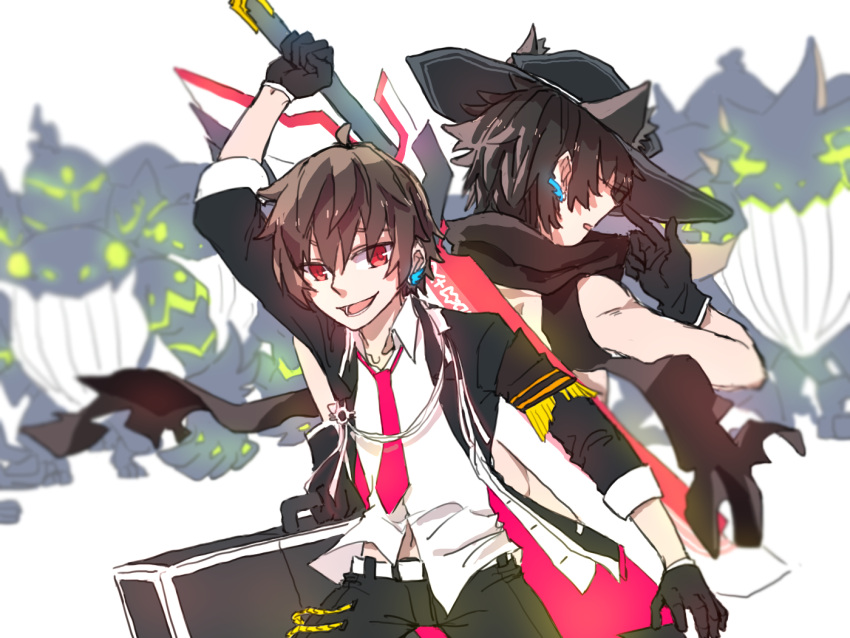 2boys animal_ears back-to-back chung_seiker demon elsword elsword_(character) hat holding holding_weapon hua_ge_pi multiple_boys necktie red_eyes runes scarf smile sword weapon