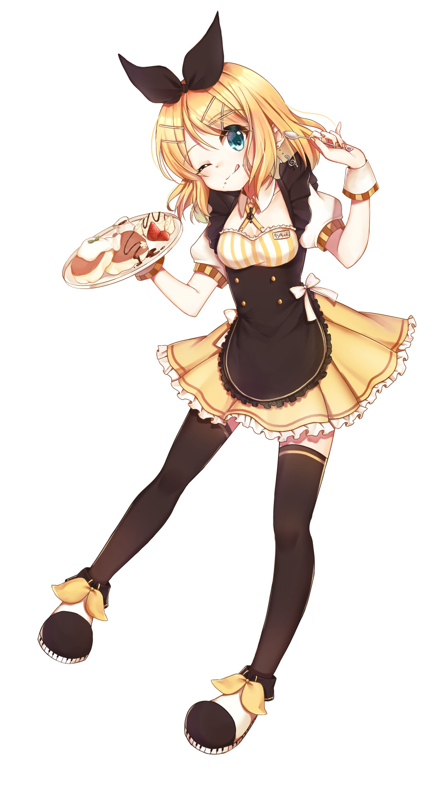 1girl ;q absurdres black_apron black_bow black_legwear blonde_hair blue_eyes bow breasts cleavage cream cream_on_face food food_on_face frilled_skirt frills full_body hair_between_eyes hair_bow hair_ornament highres holding holding_spoon kagamine_rin long_hair looking_at_viewer maid miniskirt one_eye_closed pleated_skirt short_sleeves simple_background skirt small_breasts solo spoon striped thigh-highs tongue tongue_out vocaloid white_background white_bow yellow_skirt yukkurin