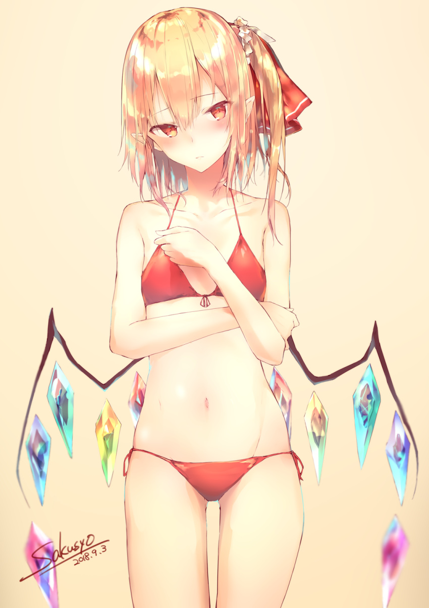 1girl artist_name bangs bare_arms bare_shoulders beige_background bikini blonde_hair blush collarbone commentary_request cowboy_shot crystal dated eyebrows_visible_through_hair flandre_scarlet flat_chest front-tie_bikini front-tie_top hair_between_eyes hair_ornament hair_ribbon hair_scrunchie halterneck hand_up head_tilt highres navel no_hat no_headwear one_side_up pointy_ears red_bikini red_eyes red_ribbon ribbon sakusyo scrunchie side-tie_bikini signature simple_background solo standing stomach swimsuit thighs touhou white_scrunchie wings