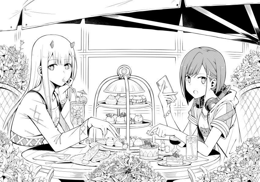 2girls absurdres animal_print cellphone chicke_iii drinking_straw eyebrows_visible_through_hair flower food fork glass greyscale headphones headphones_around_neck highres holding holding_food holding_fork holding_phone hood hood_down hoodie horns huge_filesize ichigo_(darling_in_the_franxx) long_hair long_sleeves looking_at_viewer monochrome multiple_girls open_mouth phone short_hair short_sleeves sitting smartphone spoon window zero_two_(darling_in_the_franxx)