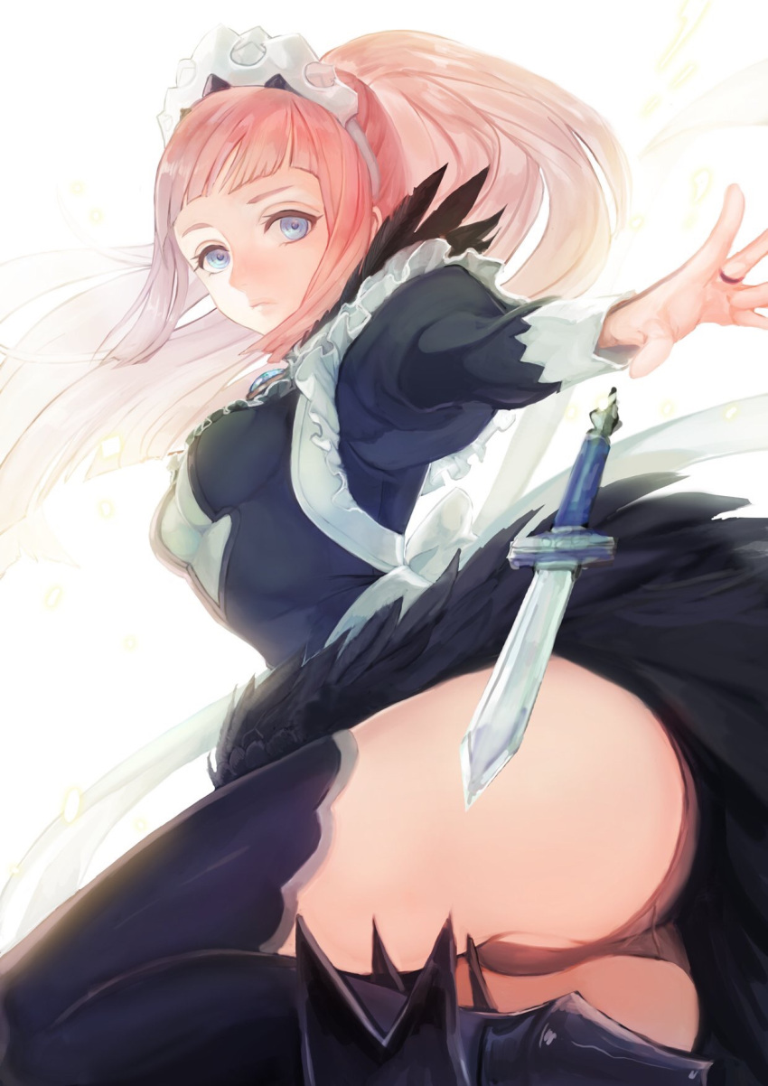 1girl ass black_dress black_legwear black_panties blue_eyes breasts closed_mouth commentary_request dagger dress expressionless felicia_(fire_emblem_if) fire_emblem fire_emblem_if highres juliet_sleeves kokouno_oyazi long_hair long_sleeves looking_at_viewer maid maid_headdress medium_breasts nintendo outstretched_arm panties pink_hair ponytail puffy_sleeves simple_background solo thigh-highs underwear weapon white_background