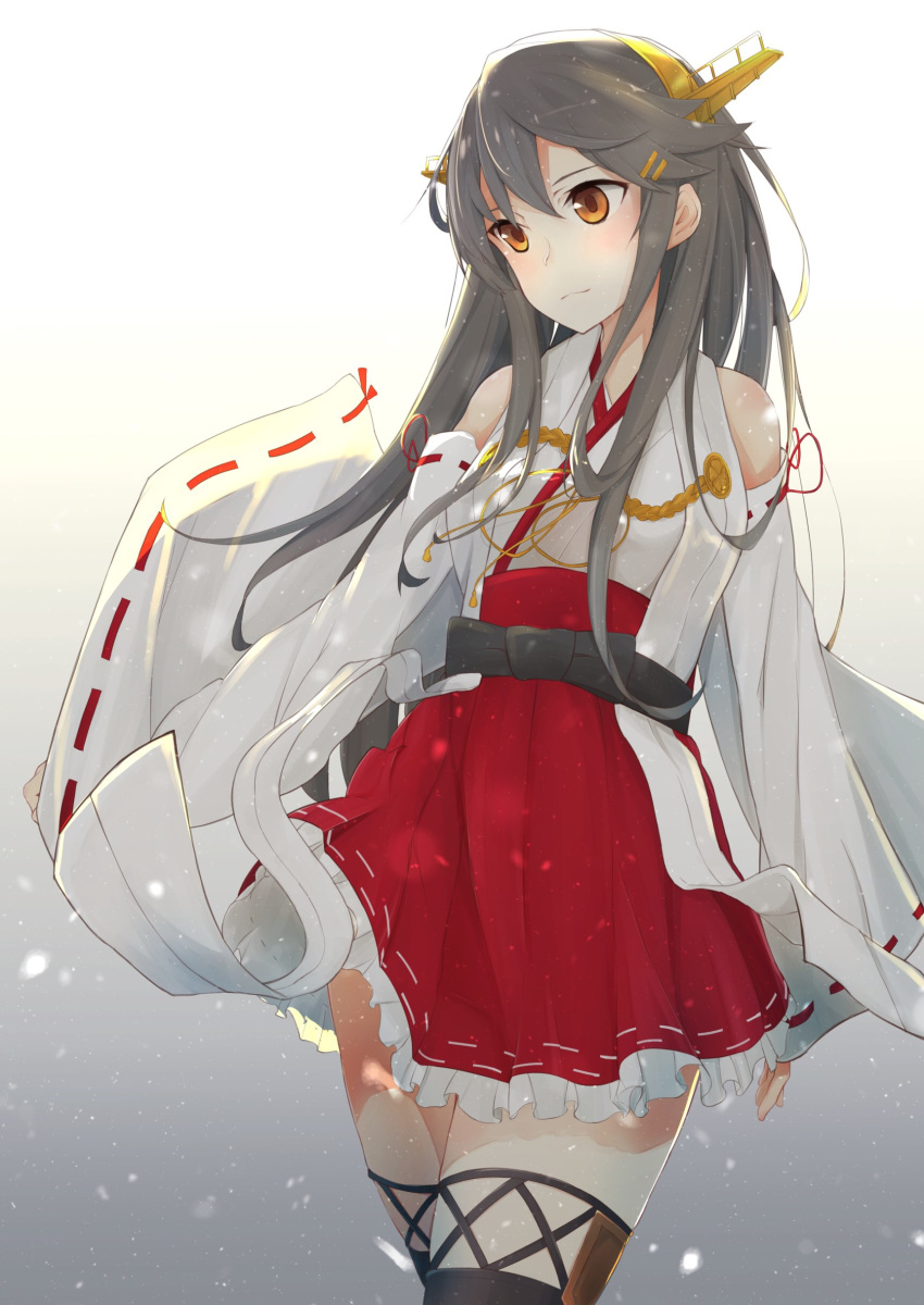 1girl absurdres bare_shoulders black_hair boots brown_eyes cowboy_shot detached_sleeves gradient gradient_background grey_background hair_ornament hairclip haruna_(kantai_collection) headgear highres kantai_collection kumanoko long_hair looking_to_the_side nontraditional_miko pleated_skirt red_skirt remodel_(kantai_collection) simple_background skirt solo standing thigh-highs thigh_boots white_background