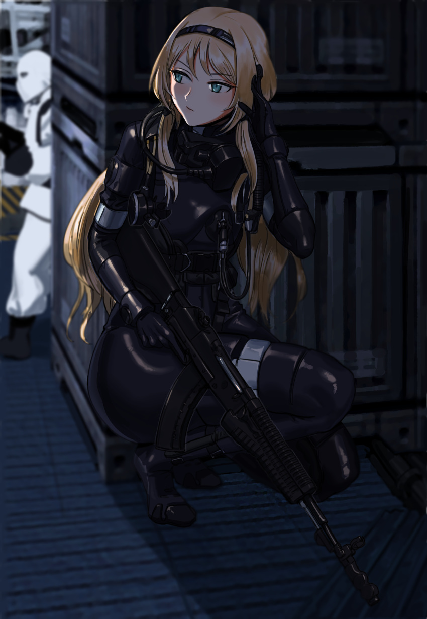1boy 1girl absurdres an-94 an-94_(girls_frontline) aqua_eyes assault_rifle bangs blonde_hair blush bodysuit closed_mouth container crossover diving_suit eyebrows_visible_through_hair girls_frontline gun hairband highres holding holding_weapon listening long_hair looking_back metal_gear_(series) metal_gear_solid military military_uniform nutro oxygen_mask rebreather rifle sidelocks sneaking squatting trigger_discipline uniform weapon wetsuit