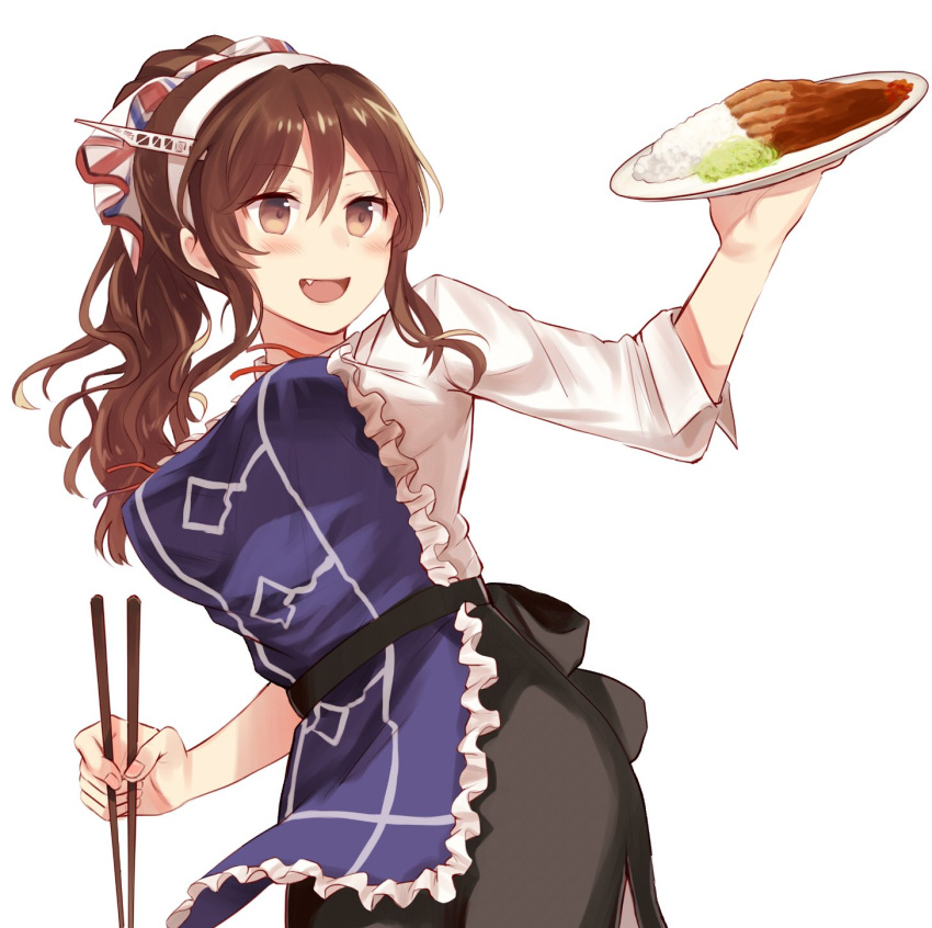 1girl :d alternate_hairstyle apron ashigara_(kantai_collection) blush brown_eyes brown_hair chopsticks commentary_request cowboy_shot curry fang food hairband highres kantai_collection long_hair open_mouth ponytail senbei_(senbe_i) simple_background smile solo white_background