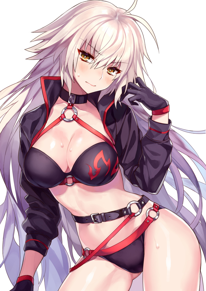 1girl absurdres ahoge bikini black_bikini black_gloves black_jacket breasts choker cleavage closed_mouth commentary_request cowboy_shot eyebrows_visible_through_hair fate/grand_order fate_(series) gloves hair_between_eyes highres jacket jeanne_d'arc_(alter_swimsuit_berserker) jeanne_d'arc_(fate)_(all) large_breasts long_hair looking_at_viewer o-ring solo swimsuit thigh_strap user_fvsd2278 white_background yellow_eyes
