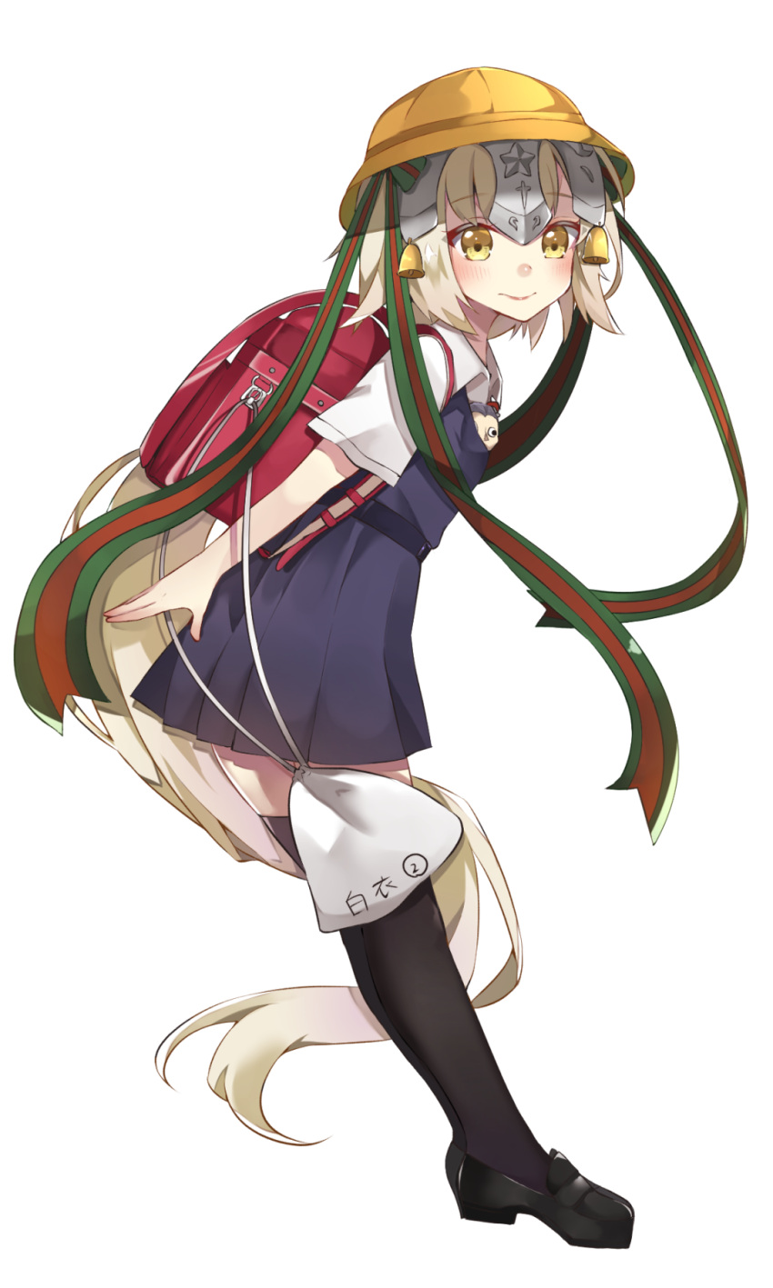 1girl backpack bag bangs bell black_footwear black_hair blue_dress blush bow brown_eyes caster_(fate/zero) closed_mouth dress eyebrows_visible_through_hair fate/grand_order fate_(series) full_body green_bow green_ribbon hair_bow hat headpiece highres itoi_toi jeanne_d'arc_(fate)_(all) jeanne_d'arc_alter_santa_lily leaning_forward light_brown_hair loafers long_hair looking_at_viewer looking_to_the_side pinafore_dress pleated_dress randoseru ribbon school_hat school_uniform shirt shoes short_sleeves simple_background solo standing striped striped_bow striped_ribbon thigh-highs very_long_hair white_background white_shirt yellow_hat