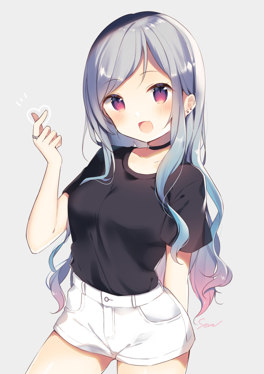 1girl :d absurdres black_shirt blush breasts choker ear_piercing fang finger_heart gradient_hair highres jewelry long_hair looking_at_viewer multicolored_hair open_mouth piercing ring shiino_sera shirt shorts silver_hair smile solo violet_eyes white_shorts