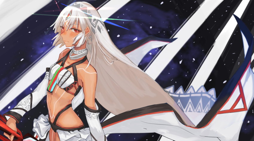 1girl altera_(fate) aruto2498 bangs bare_shoulders blunt_bangs breasts choker closed_mouth collarbone dark_skin detached_sleeves eyebrows_visible_through_hair fate/extella fate/extra fate/grand_order fate_(series) full_body_tattoo headdress hips holding holding_weapon jewelry midriff navel photon_ray red_eyes revealing_clothes short_hair showgirl_skirt skirt small_breasts solo stomach_tattoo striped striped_background tan tattoo upper_body veil weapon white_hair