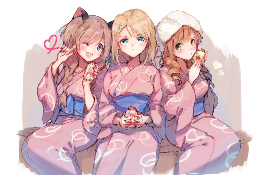 3girls after_bath alternate_costume alternate_hairstyle animal_ears bangs blonde_hair blue_eyes blush bottle braid breasts brown_hair cat_ears closed_mouth curly_hair eyebrows_visible_through_hair g36_(girls_frontline) girls_frontline green_eyes hair_between_eyes heart heterochromia highres holding holding_bottle japanese_clothes kimono large_breasts long_hair looking_at_viewer m1903_springfield_(girls_frontline) medium_breasts mk_23_(girls_frontline) multicolored_hair multiple_girls obi one_eye_closed open_mouth pink_kimono sash shuzi sidelocks sitting smile streaked_hair towel towel_on_head very_long_hair