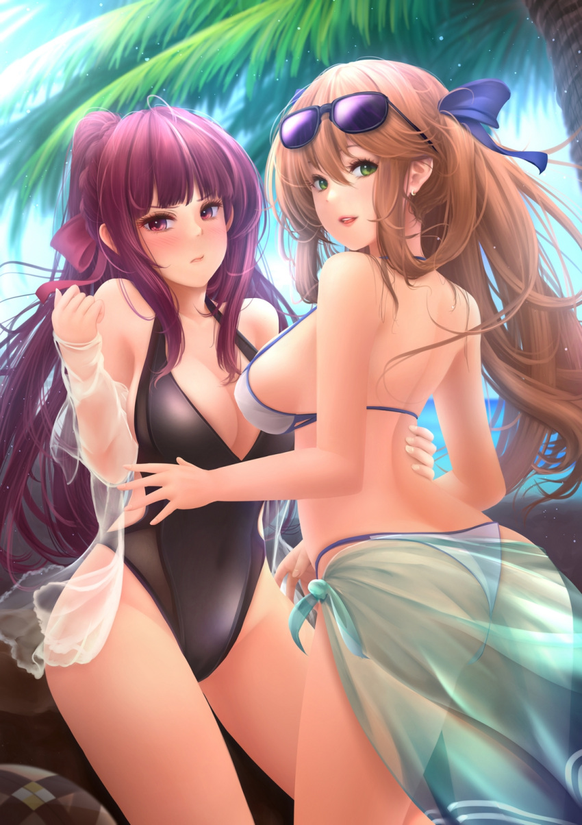 2girls alternate_costume alternate_hairstyle anakin_sky_(utcc) ass back bangs bare_shoulders bikini blush breasts brown_hair cleavage closed_mouth covered_navel day earrings eyebrows_visible_through_hair eyewear_on_head girls_frontline green_eyes hair_between_eyes hair_ribbon hair_rings hand_on_another's_back highres jewelry large_breasts light_particles long_hair looking_at_viewer m1903_springfield_(girls_frontline) multiple_girls navel one-piece_swimsuit open_mouth outdoors palm_tree ponytail purple_hair red_eyes ribbon sarong see-through shirt shoulder_blades sidelocks smile sunglasses swimsuit tareme thighs transparent tree tsurime very_long_hair wa2000_(girls_frontline) white_shirt