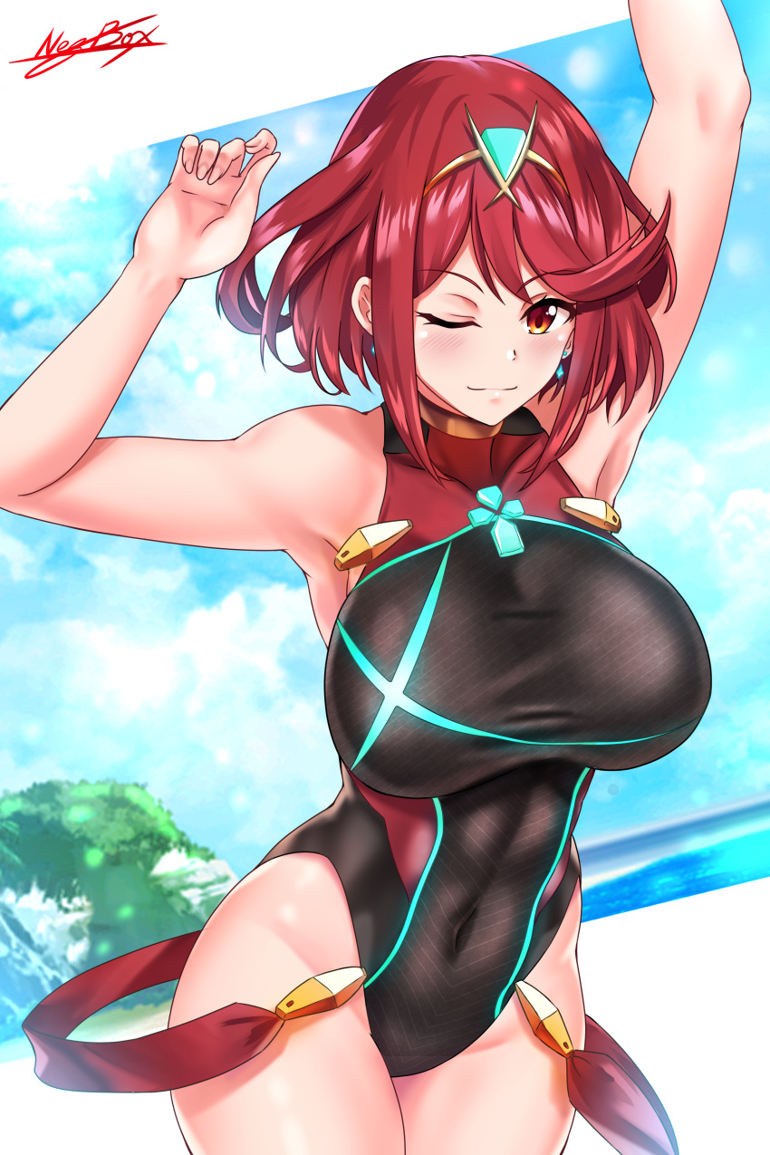 1girl absurdres aqua_background bangs black_swimsuit breasts casual_one-piece_swimsuit covered_navel cowboy_shot highres pyra_(xenoblade) large_breasts looking_at_viewer nez-kun nintendo one-piece_swimsuit one_eye_closed redhead short_hair signature smile solo standing swept_bangs swimsuit tiara turtleneck xenoblade_(series) xenoblade_2