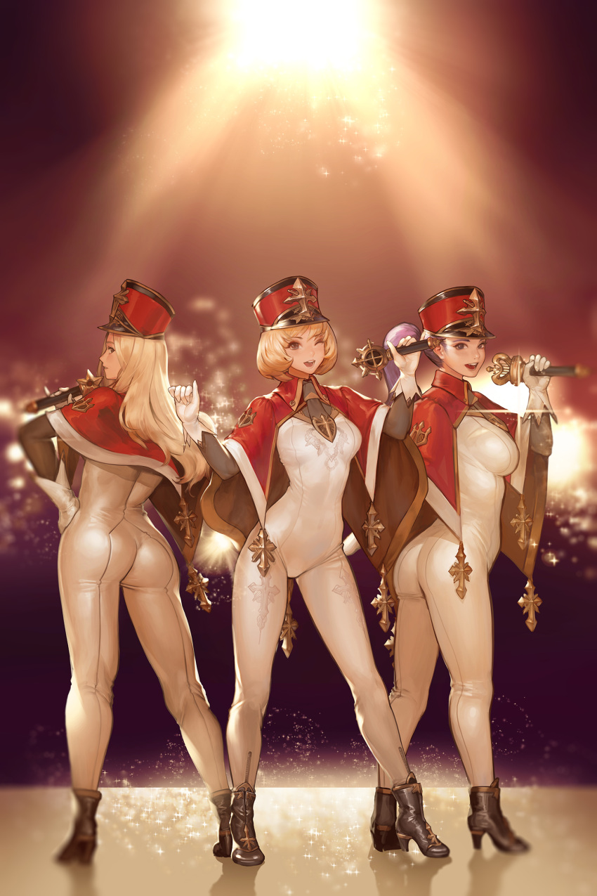 3girls ;d ass backlighting bangs black_eyes black_footwear black_hat black_neckwear blonde_hair blurry blurry_background blush bodysuit boots breasts brown_eyes cape commentary contrapposto english_commentary full_body gloves hand_on_hip hat high_heel_boots high_heels highres holding holding_microphone instant_ip large_breasts legs_apart long_hair looking_at_viewer looking_back microphone multiple_girls music necktie one_eye_closed open_mouth original parted_lips peaked_cap ponytail profile purple_hair red_cape shadow short_hair singing skin_tight smile sparkle standing teeth white_bodysuit white_gloves