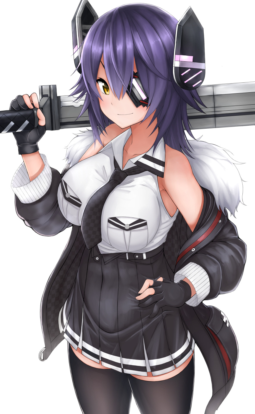1girl absurdres armpits bare_shoulders black_gloves black_legwear blush breasts checkered checkered_neckwear closed_mouth curvy eyepatch fingerless_gloves gloves headgear highres holding holding_weapon jacket kantai_collection large_breasts necktie plump purple_hair remodel_(kantai_collection) shirt short_hair simple_background sleeveless sleeveless_shirt smile solo standing sword tenryuu_(kantai_collection) thigh-highs tiemu_(man190) weapon white_background winter_clothes yellow_eyes