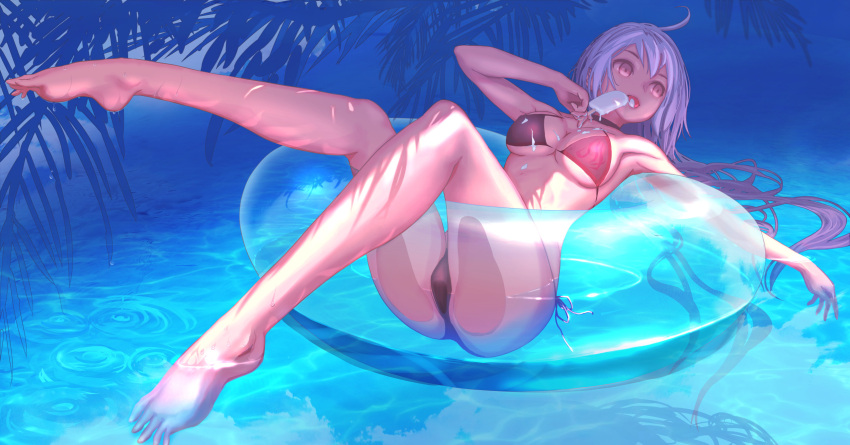 1girl afloat ahoge ass barefoot bikini black_bikini breasts choker cleavage fate/grand_order fate_(series) floating_hair food highres ice_cream innertube jeanne_d'arc_(alter_swimsuit_berserker) jeanne_d'arc_(fate)_(all) large_breasts long_hair looking_to_the_side lying on_back open_mouth pandarou revision side-tie_bikini silver_hair solo swimsuit thighs very_long_hair water wet yellow_eyes