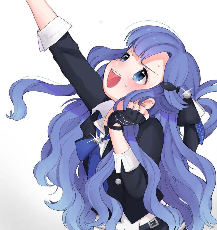 &gt;:d 1girl arm_up asari_nanami bangs belt black_gloves blazer blue_eyes blue_hair blue_neckwear clenched_hand collared_shirt commentary fingerless_gloves fish_hair_ornament gloves hair_ornament hairclip highres idolmaster idolmaster_cinderella_girls idolmaster_cinderella_girls_starlight_stage jacket leather leather_jacket long_hair loose_necktie necktie next_frontier nicori_nico shirt side_ponytail simple_background sleeves_folded_up solo sweatdrop upper_body upper_teeth very_long_hair wavy_hair white_background white_shirt