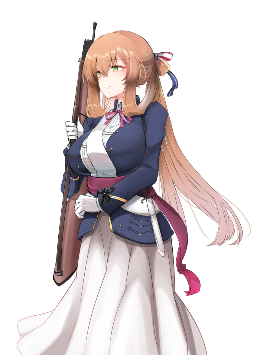 10eki_(tenchou) 1girl absurdres american_flag bangs blazer blush bolt_action breasts brown_hair closed_mouth commentary_request dress eyebrows_visible_through_hair girls_frontline gloves green_eyes gun hair_between_eyes hair_ribbon hair_rings highres holding holding_gun holding_weapon jacket large_breasts long_hair long_sleeves looking_afar m1903_springfield m1903_springfield_(girls_frontline) ribbon rifle sash sidelocks simple_background smile solo sword twintails weapon white_background white_dress