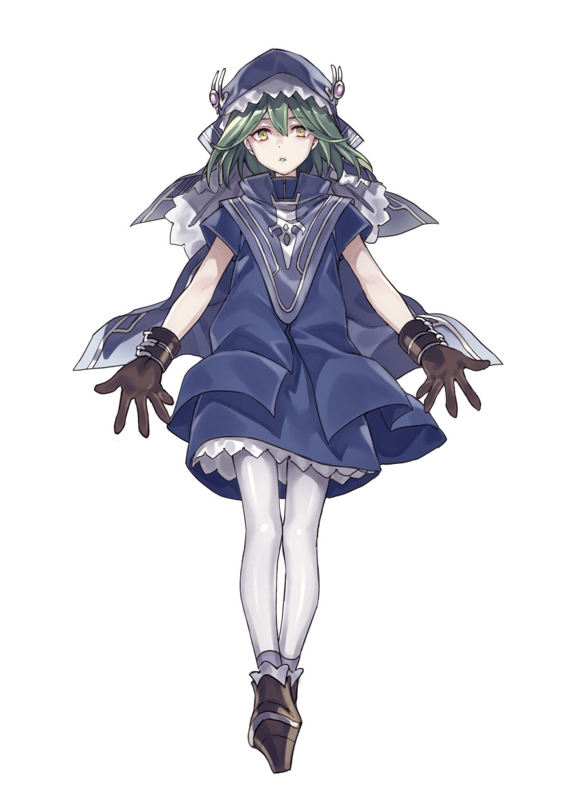 1girl blue_dress brown_footwear brown_gloves cape commentary_request dress full_body gloves green_hair highres maruchi original pantyhose parted_lips shoes short_dress simple_background solo white_background white_legwear yellow_eyes