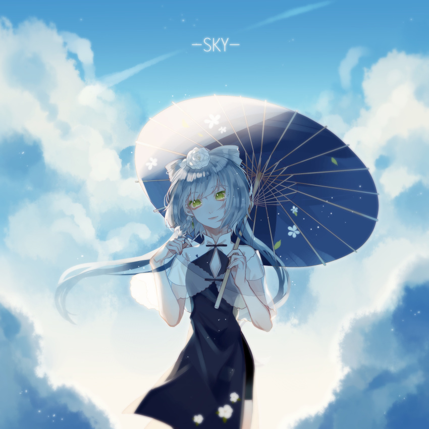 1girl absurdres blue_sky blue_umbrella clouds day floating_hair flower hair_flower hair_ornament highres holding holding_umbrella long_hair luo_tianyi nail_polish oriental_umbrella outdoors pink_nails rose see-through short_sleeves silver_hair sky solo standing twintails umbrella very_long_hair vocaloid white_flower white_rose