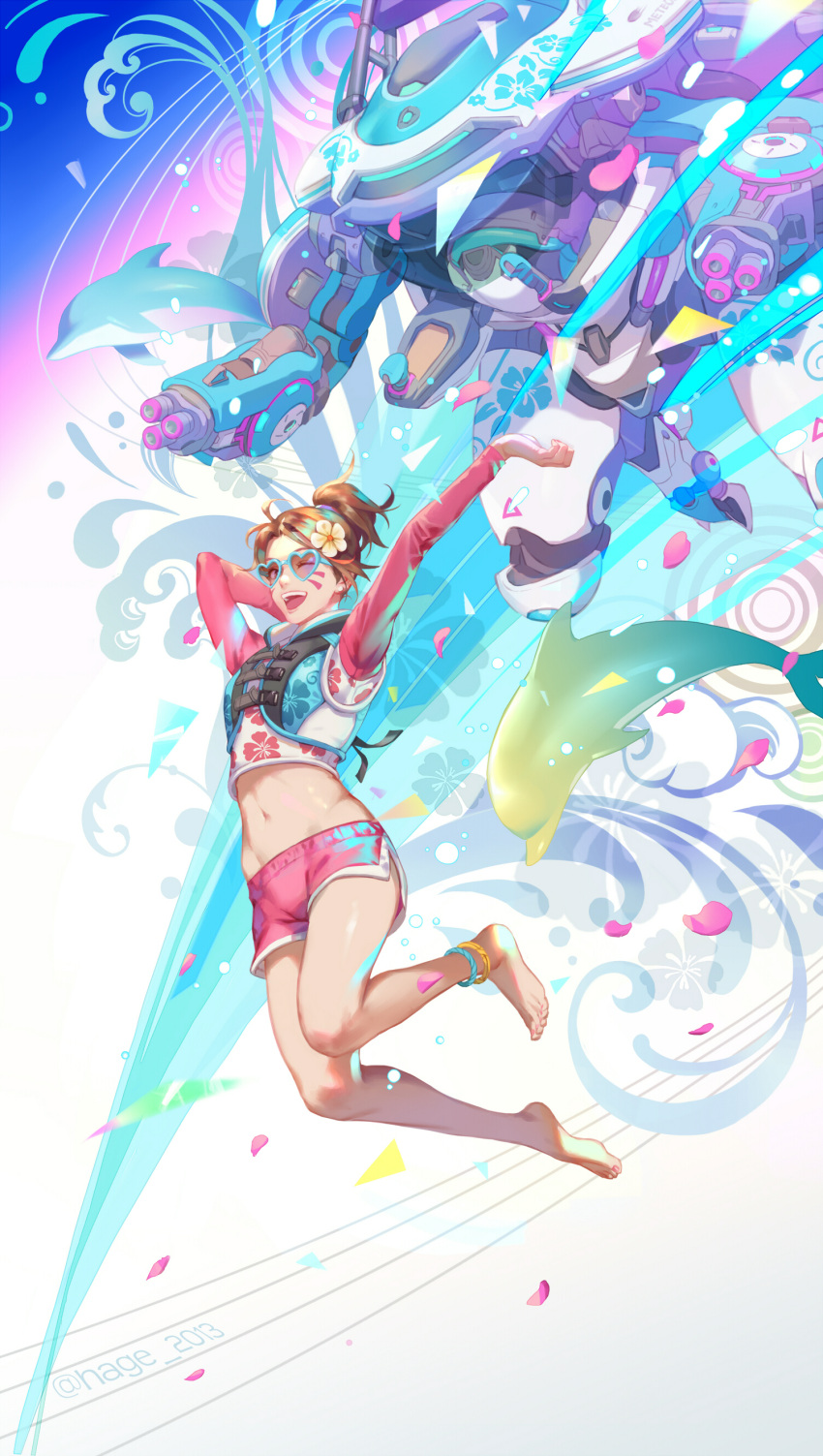 1girl :d ;d absurdres ankle arms_up barefoot brown_eyes brown_hair d.va_(overwatch) dolphin floral_print flower hair_flower hair_ornament heart heart-shaped_eyewear highres jumping life_vest male_swimwear meka_(overwatch) midriff navel one_eye_closed open_mouth overwatch revision sae_(revirth) smile sunglasses swim_trunks swimwear teeth toes waveracer_d.va whisker_markings