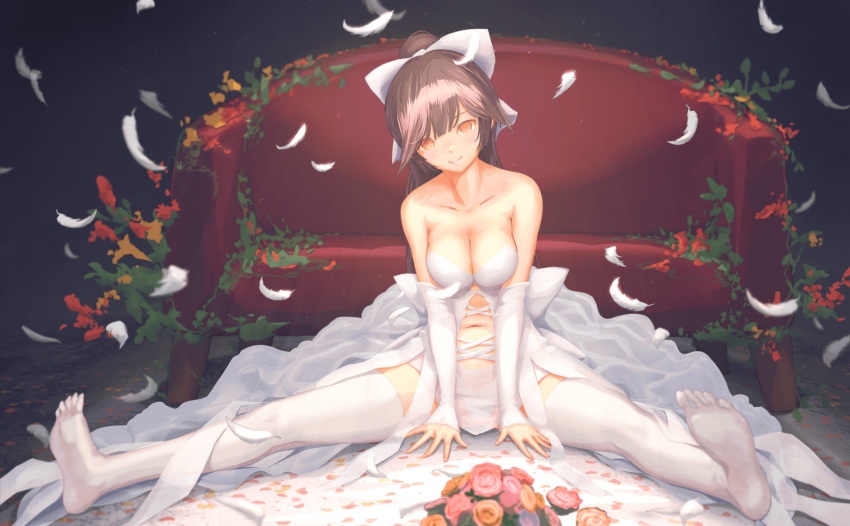 1girl alternate_costume azur_lane bangs black_hair blush bouquet bow breasts brown_eyes cleavage closed_mouth collarbone couch detached_sleeves dress feathers flower hair_bow head_tilt highres large_breasts long_hair looking_at_viewer navel no_shoes on_floor pandarou panties ponytail revision see-through sitting smile solo spread_legs stomach strapless strapless_dress takao_(azur_lane) thigh-highs underwear very_long_hair wedding_dress white_bow white_legwear white_panties