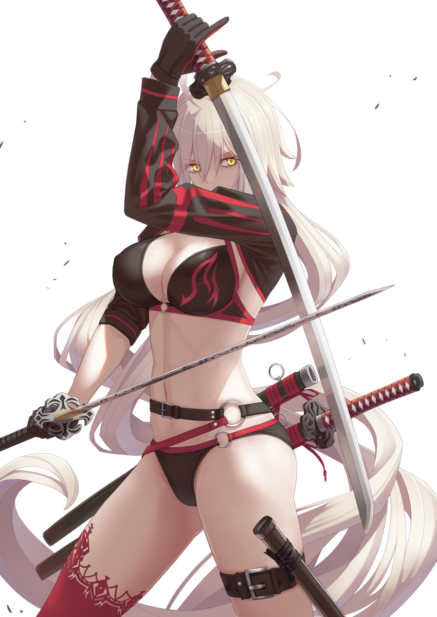 1girl ahoge arm_up asymmetrical_sleeves bangs belt bikini black_bikini black_gloves breasts commentary_request covered_nipples eyebrows_visible_through_hair eyes_visible_through_hair fate/grand_order fate_(series) flame_print gloves highres holding holding_sword holding_weapon jeanne_d'arc_(alter_swimsuit_berserker) jeanne_d'arc_(fate)_(all) katana large_breasts legs_apart long_hair long_sleeves looking_at_viewer navel o-ring o-ring_bikini o-ring_bottom o-ring_top print_bikini red_legwear sheath shrug_(clothing) simple_background single_thighhigh solo_focus standing swimsuit sword takehisa_tomoe thigh-highs thigh_strap unsheathed very_long_hair weapon white_bikini white_hair yellow_eyes