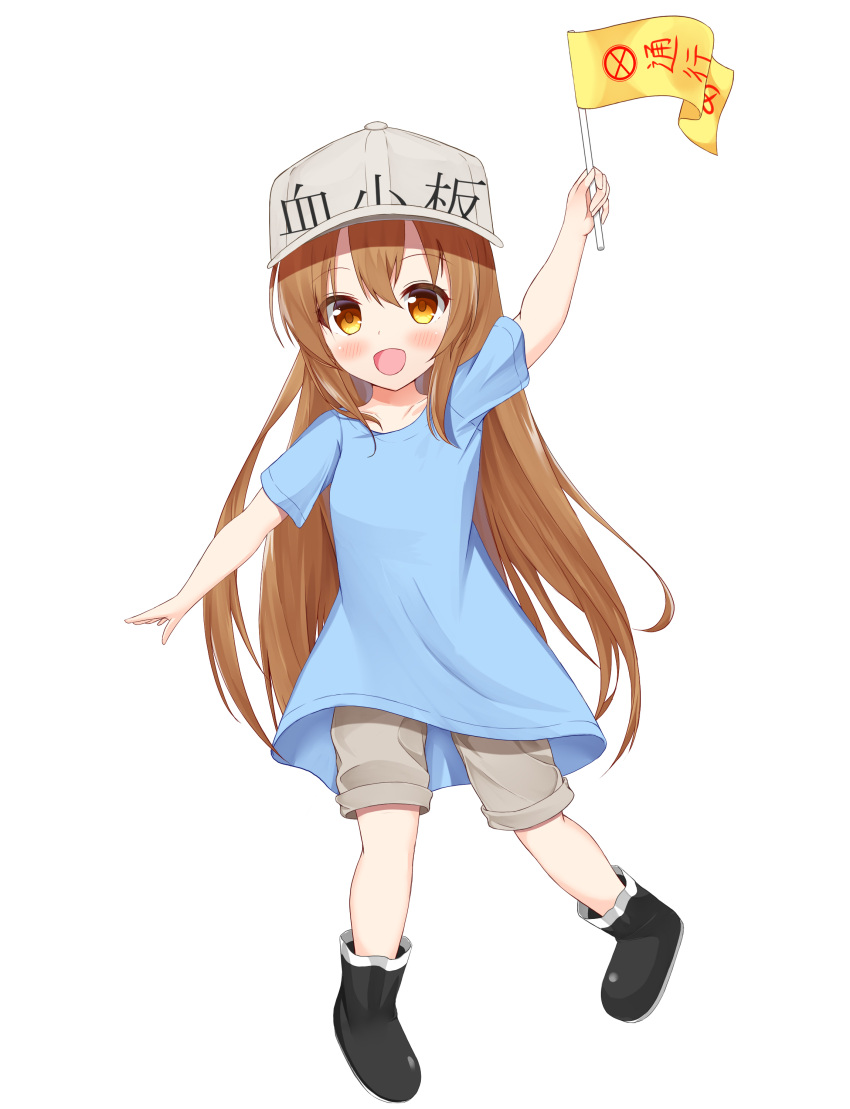 1girl :d absurdres arm_up bangs black_footwear blue_shirt blush boots brown_eyes brown_hair character_name clothes_writing collarbone commentary_request eyebrows_visible_through_hair flag flat_cap full_body grey_hat grey_shorts hair_between_eyes hat hataraku_saibou highres holding holding_flag long_hair open_mouth platelet_(hataraku_saibou) roido_(taniko-t-1218) shirt short_shorts short_sleeves shorts simple_background smile solo very_long_hair white_background
