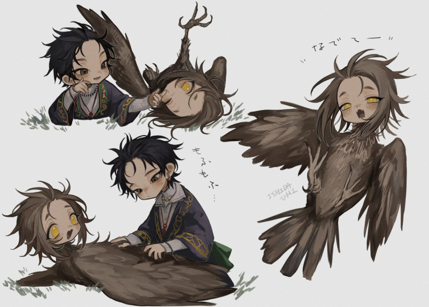 1boy 1girl arm_support artist_name black_hair brown_eyes brown_feathers brown_hair coat earrings feathers full_body grass grey_background grey_coat hand_on_another's_face harpy human_head ishida_umi jewelry long_sleeves looking_at_another lying medium_hair messy_hair monster_girl multiple_views necklace on_back on_stomach one_eye_closed open_mouth original shirt short_hair simple_background sitting white_shirt yellow_eyes