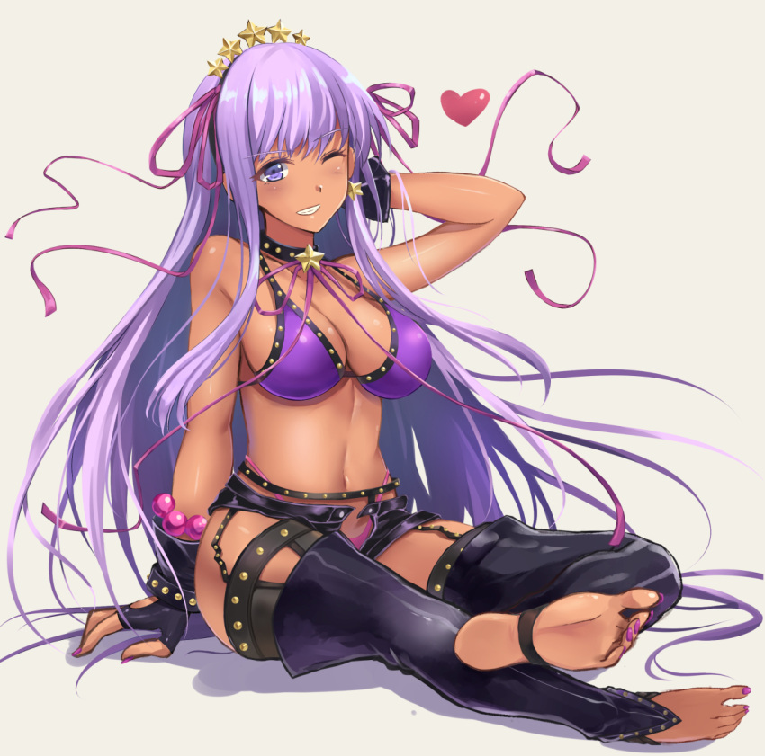 1girl ;) a-na arm_support barefoot bb_(fate)_(all) bb_(swimsuit_mooncancer)_(fate) black_gloves black_legwear breasts clenched_teeth dark_skin eyebrows_visible_through_hair fate/grand_order fate_(series) fingerless_gloves fingernails gloves hair_ribbon heart large_breasts looking_at_viewer nail_polish navel one_eye_closed purple_bikini_top purple_hair purple_nails purple_ribbon ribbon simple_background sitting smile solo star teeth toenail_polish toenails violet_eyes
