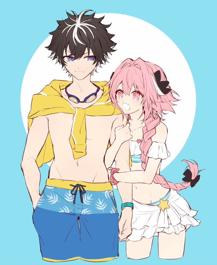 2boys arm_hug astolfo_(fate) bikini bikini_skirt black_bow black_hair black_ribbon blue_background blue_eyes bow braid charlemagne_(fate) citron_82 commentary_request fang fate/apocrypha fate/extella fate/extella_link fate/extra fate/grand_order fate_(series) goggles goggles_around_neck hair_bow hair_intakes hair_ribbon hand_in_pocket highres holding_arm long_braid looking_at_another male_focus male_swimwear multicolored_hair multiple_boys open_mouth otoko_no_ko pink_eyes pink_hair pink_ribbon ribbon shirt_on_shoulders simple_background single_braid sketch smile star streaked_hair striped striped_bikini swim_trunks swimsuit swimwear trap two-tone_hair white_hair wrist_ribbon