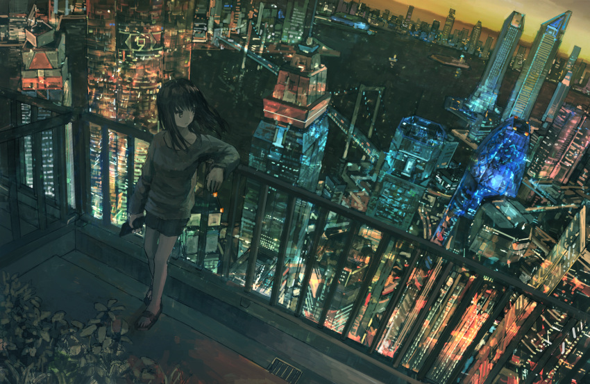 1girl bangs black_hair boat bridge building city city_lights cityscape commentary_request drain_(object) expressionless highres holding leaning_on_rail long_hair long_sleeves looking_to_the_side ocean original outdoors plant railing rooftop sandals scenery shorts skyscraper solo standing sunset tokunaga_akimasa watercraft