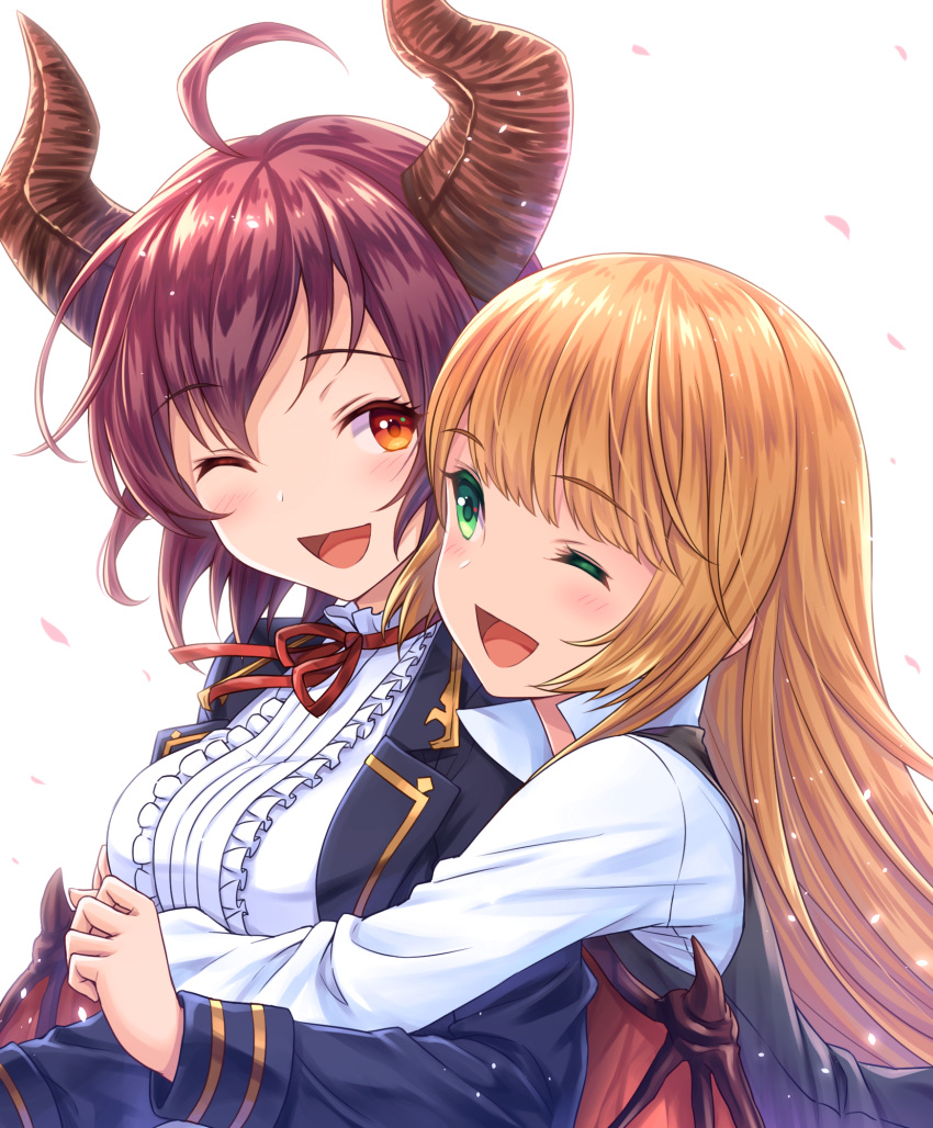 2girls ;d ahoge anne_(shingeki_no_bahamut) blonde_hair blush commentary_request dragon_horns dragon_wings eyebrows_visible_through_hair granblue_fantasy grea_(shingeki_no_bahamut) green_eyes highres horns hug hug_from_behind long_hair long_sleeves looking_at_another multiple_girls one_eye_closed open_mouth orange_eyes petals red_ribbon redhead ribbon shingeki_no_bahamut short_hair simple_background smile tomo_(user_hes4085) upper_body white_background wings