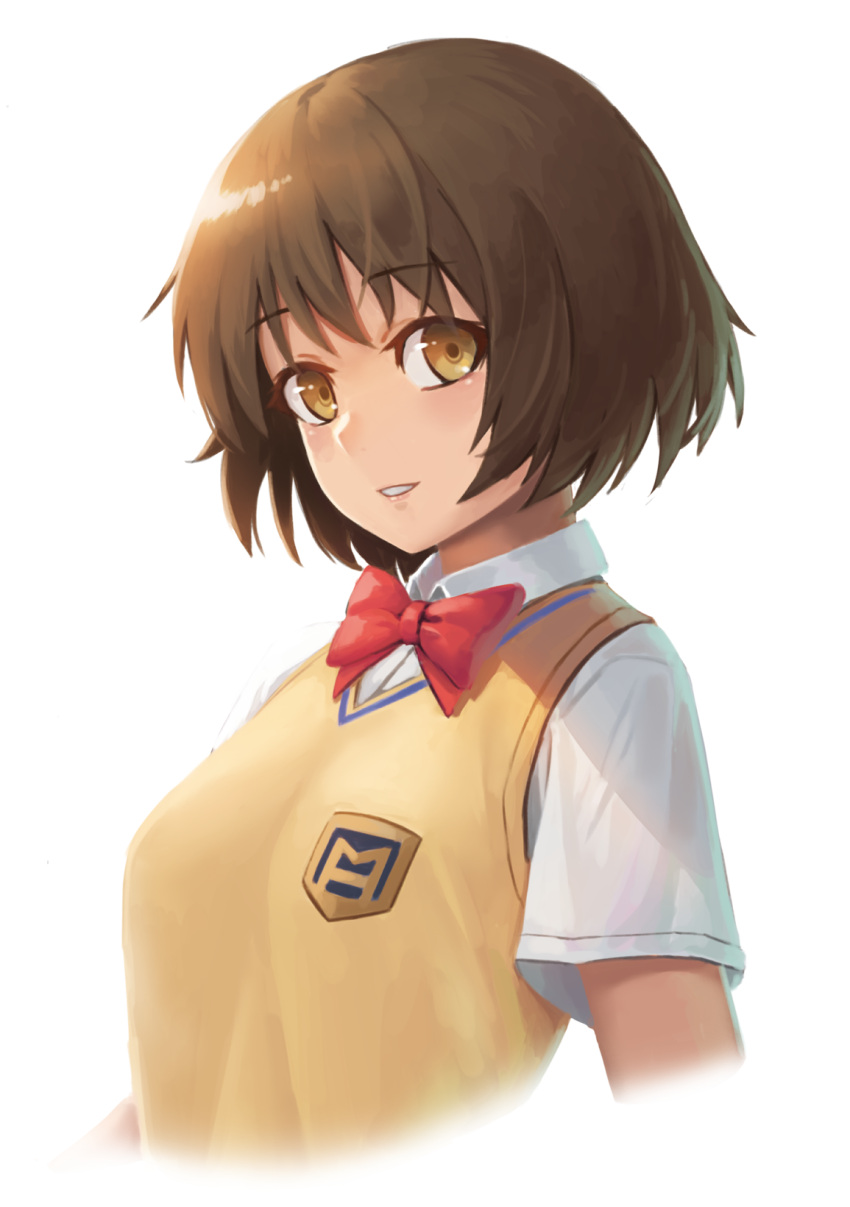 1girl bangs blush bow bowtie brown_eyes brown_hair collared_shirt commentary_request cropped_torso dress_shirt eyebrows_visible_through_hair highres kaminagi_ryouko looking_at_viewer parted_lips ranma_(kamenrideroz) red_bow red_neckwear school_uniform shirt short_hair sideways_glance simple_background smile solo sweater sweater_vest upper_body white_background white_shirt wing_collar yellow_sweater zegapain