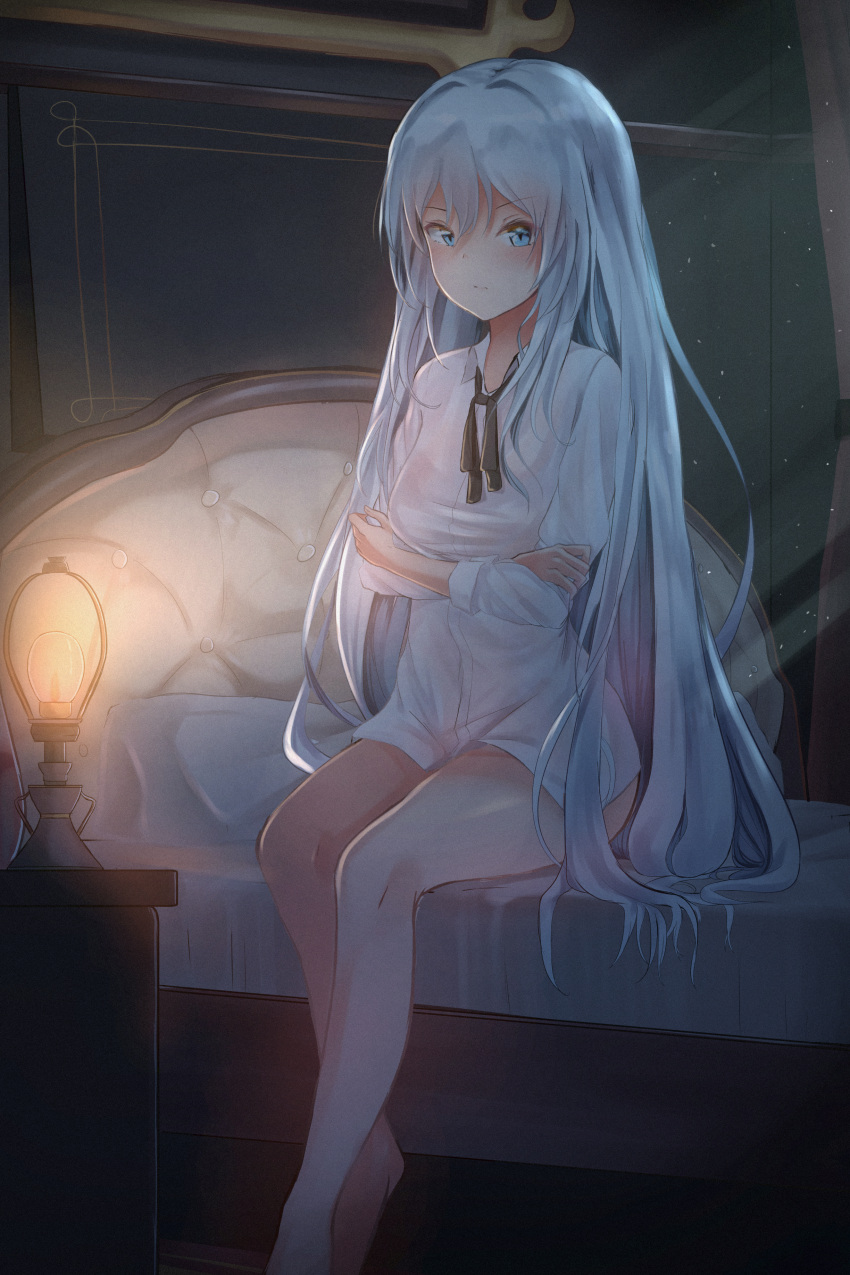 1girl absurdres bangs bare_legs barefoot bed bedroom blue_eyes blue_hair blush bow bowtie breasts closed_mouth crossed_arms expressionless full_body hair_between_eyes highres indoors lamp legs_crossed long_hair long_sleeves looking_at_viewer original see-through septet_(zrca_janne) shirt sitting solo straight_hair twintails underwear very_long_hair white_shirt