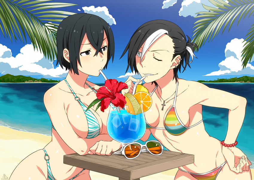 2girls beach bendy_straw bikini black_hair black_hood blue_eyes breasts cleavage cross cup danielle_redford_(kamezaemon) day drink drinking drinking_glass drinking_straw food fruit hair_between_eyes hair_over_one_eye highres jewelry kamezaemon large_breasts looking_at_another medium_breasts multicolored_hair multiple_girls navel necklace o-ring o-ring_bikini one_eye_closed original outdoors shiny shiny_hair shiny_skin short_hair standing striped striped_bikini summer swimsuit two-tone_hair water white_hair
