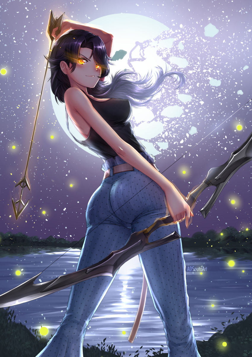 1girl adsouto arrow artist_name ass belt black_hair bow_(weapon) breasts broken_moon casual cinder_fall curvy fireflies from_behind glowing glowing_eyes hair_over_one_eye highres hips holding holding_bow_(weapon) holding_weapon lake legs legs_apart long_hair looking_at_viewer looking_back medium_breasts moon night outdoors rwby sky smile solo standing star_(sky) starry_sky tank_top thighs water weapon wide_hips wind yellow_eyes