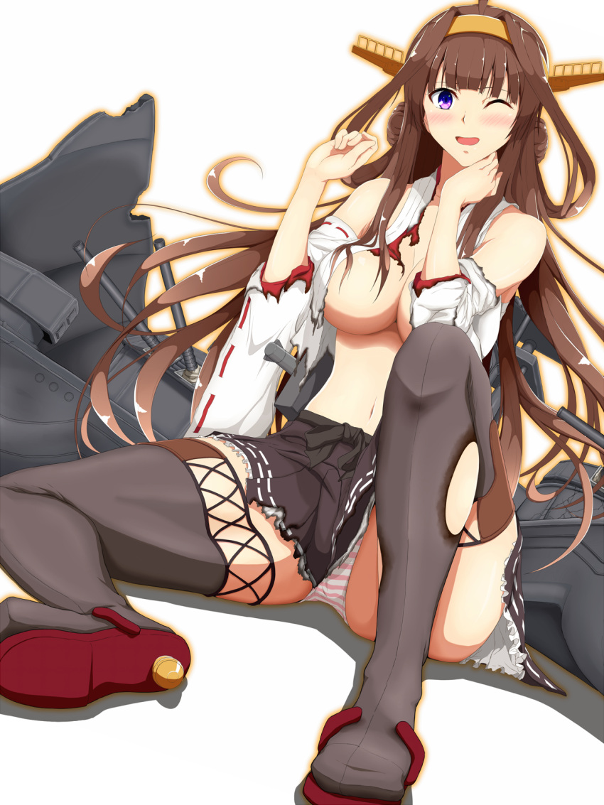 1girl ahoge blush boots breasts brown_hair brown_skirt cannon commentary_request damaged detached_sleeves double_bun hairband hamaguri_(hamaguri1234) hand_on_own_neck highres kantai_collection kongou_(kantai_collection) large_breasts long_hair looking_at_viewer navel nontraditional_miko panties pantyshot pantyshot_(sitting) remodel_(kantai_collection) ribbon-trimmed_sleeves ribbon_trim rigging shirt sitting skirt solo striped striped_panties thigh-highs thigh_boots torn_boots torn_clothes torn_shirt torn_skirt torn_sleeves turret underwear violet_eyes