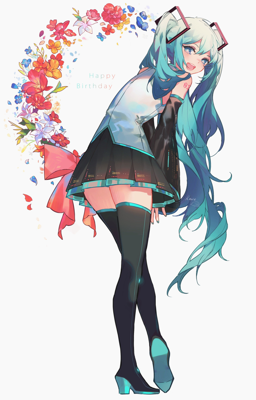 1girl :d absurdres aqua_eyes aqua_hair bare_shoulders bent_over blue_eyes bow commentary confetti detached_sleeves english_commentary flower from_behind green_hair happy_birthday hatsune_miku high_heels highres kaneblob long_hair looking_at_viewer looking_back nail_polish necktie open_mouth skirt sleeveless smile solo tattoo thigh-highs twintails very_long_hair vocaloid wide_sleeves