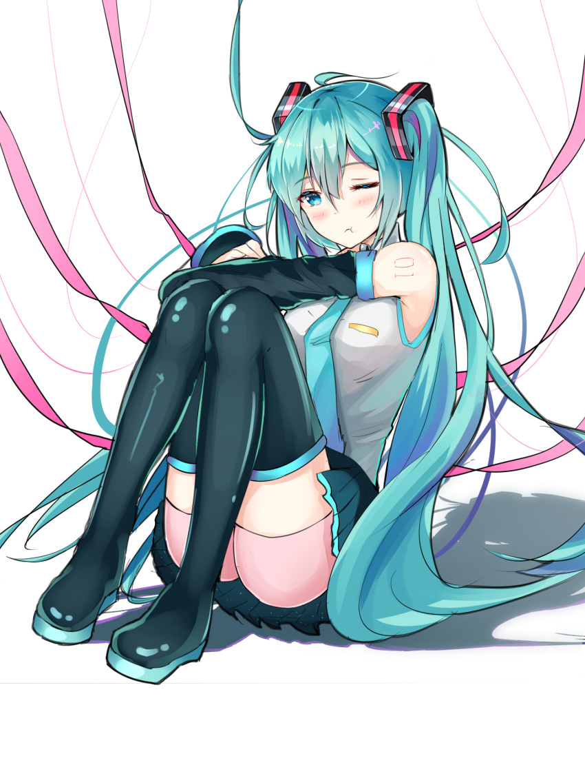 1girl aqua_hair bike_shorts black_legwear blue_eyes boots commentary_request detached_sleeves hatsune_miku highres long_hair mikuning one_eye_closed pink_shorts pout pouty_lips shorts sitting solo thigh-highs thigh_boots twintails very_long_hair vocaloid