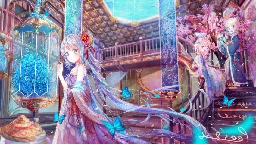 1boy 2girls :d animal bangs bare_shoulders blonde_hair blue_eyes blue_flower blue_kimono blush book brother_and_sister bug butterfly collarbone commentary_request dress eyebrows_visible_through_hair fish flower hair_bun hair_flower hair_ornament hair_ribbon hatsune_miku highres indoors insect japanese_clothes kagamine_len kagamine_rin kimono long_hair long_sleeves multiple_girls open_mouth parted_lips peas_(peas0125) pink_flower railing red_flower ribbon rose siblings silver_hair sitting smile stairs standing tree very_long_hair vocaloid water white_dress white_flower white_rose wide_sleeves