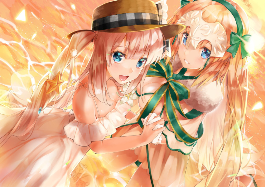 2girls :d bangs bare_shoulders blonde_hair blue_eyes bow breasts brown_hair brown_hat casual_one-piece_swimsuit cleavage commentary_request dress dutch_angle eyebrows_visible_through_hair fate/grand_order fate_(series) gloves green_bow green_hairband hair_between_eyes hair_bow hair_ornament hairband hand_holding hat headpiece highres interlocked_fingers jeanne_d'arc_(fate)_(all) jeanne_d'arc_(swimsuit_archer) large_breasts long_hair marie_antoinette_(fate/grand_order) multiple_girls off-shoulder_dress off_shoulder one-piece_swimsuit open_mouth outdoors seashell_hair_ornament smile standing starfish_hair_ornament sunset swimsuit twintails upper_teeth utayoi_(umakatare) very_long_hair wading water white_dress white_gloves white_swimsuit