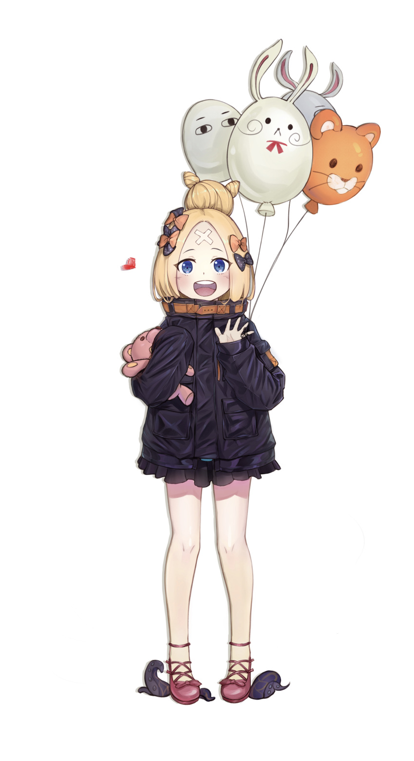 1girl :d abigail_williams_(fate/grand_order) absurdres balloon bangs black_bow black_jacket blonde_hair blue_eyes blush bow commentary_request crossed_bandaids fate/grand_order fate_(series) fou_(fate/grand_order) full_body hair_bow hair_bun hand_up heart heroic_spirit_traveling_outfit highres jacket long_hair long_sleeves medjed object_hug open_mouth orange_bow parted_bangs polka_dot polka_dot_bow red_bow red_footwear round_teeth shoes simple_background sleeves_past_fingers sleeves_past_wrists smile solo standing stuffed_animal stuffed_toy suction_cups teddy_bear teeth tentacle upper_teeth white_background