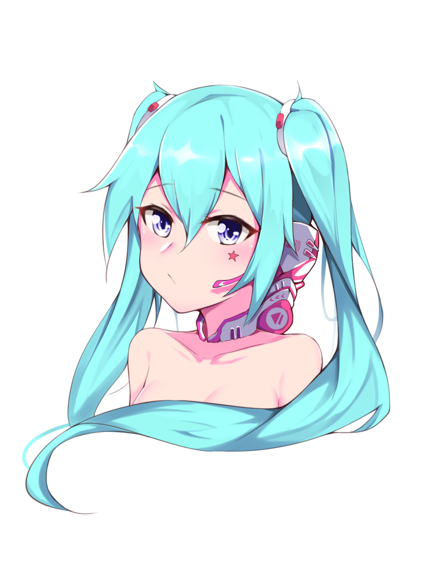 1girl absurdres aqua_hair bangs bare_shoulders blush breasts closed_mouth collarbone commentary_request eyebrows_visible_through_hair facial_hair hair_between_eyes hair_censor hair_ornament hatsune_miku headset highres long_hair looking_at_viewer meng_ge_3_(565571710) portrait simple_background small_breasts solo star twintails violet_eyes vocaloid white_background