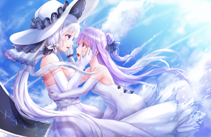 2girls ahoge azur_lane bangs bare_shoulders black_bow black_ribbon blue_eyes blue_sky bow breasts clouds commentary_request day dress elbow_gloves eye_contact eyebrows_visible_through_hair gloves hair_bun hair_ribbon hands_on_another's_cheeks hands_on_another's_face hat illustrious_(azur_lane) large_breasts long_hair looking_at_another lunacle multiple_girls open_mouth outdoors parted_lips profile purple_hair ribbon side_bun silver_hair sky strapless strapless_dress sun_hat torn_clothes torn_dress unicorn_(azur_lane) very_long_hair violet_eyes white_dress white_gloves white_hat